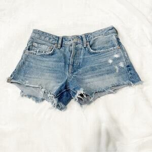 Free People good time beach bum distressed Jean shorts blue denim button fly 24